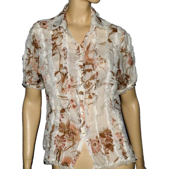 APANAGE GERMANY NEW NWT SIZE 14 L LARGE IVORY FLORAL PRINT RUFFLE LACE BLOUSE - Picture 4 of 7